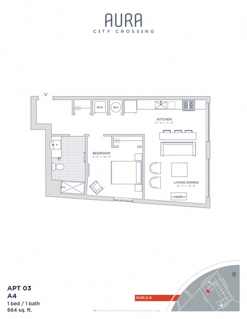 Floor plan for 1 bed, 1 bath, 664 sqft